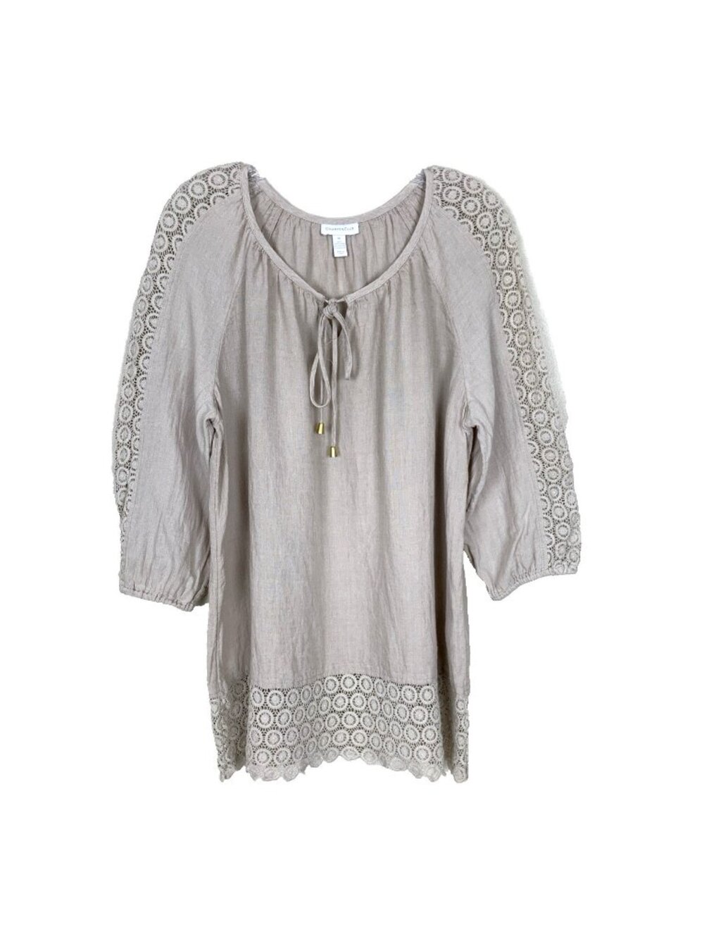 Charter Club Womens XL 100% Linen Tunic Lace Tie Khaki Boho Beach Cottagecore